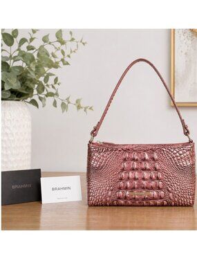 Brahmin Melbourne Croc Embossed Leather Shoulder Bag Dusty Rose Pink New